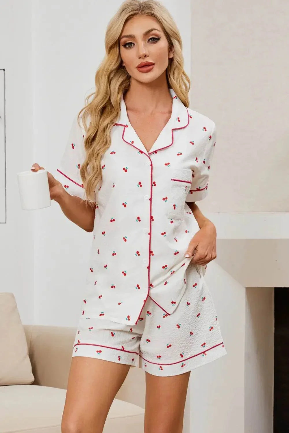 Cheery Print Collared Neck Top and Shorts Lounge Set - Velveta Studio