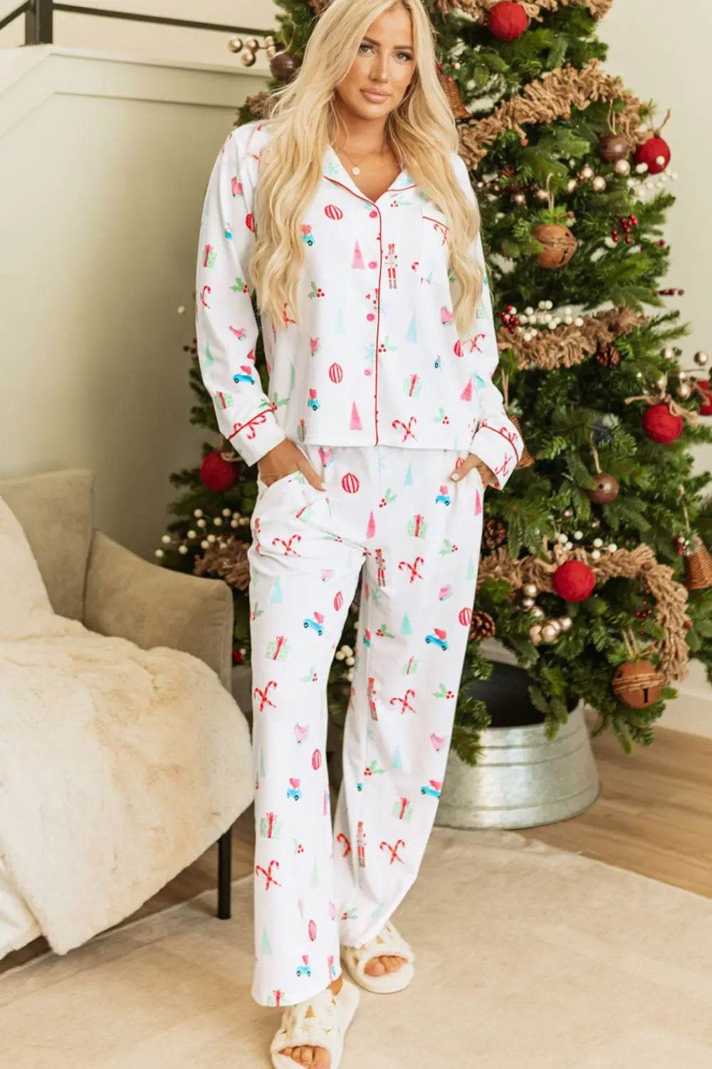 Christmas Printed Collared Neck Top and Pants Lounge Set - Velveta Studio