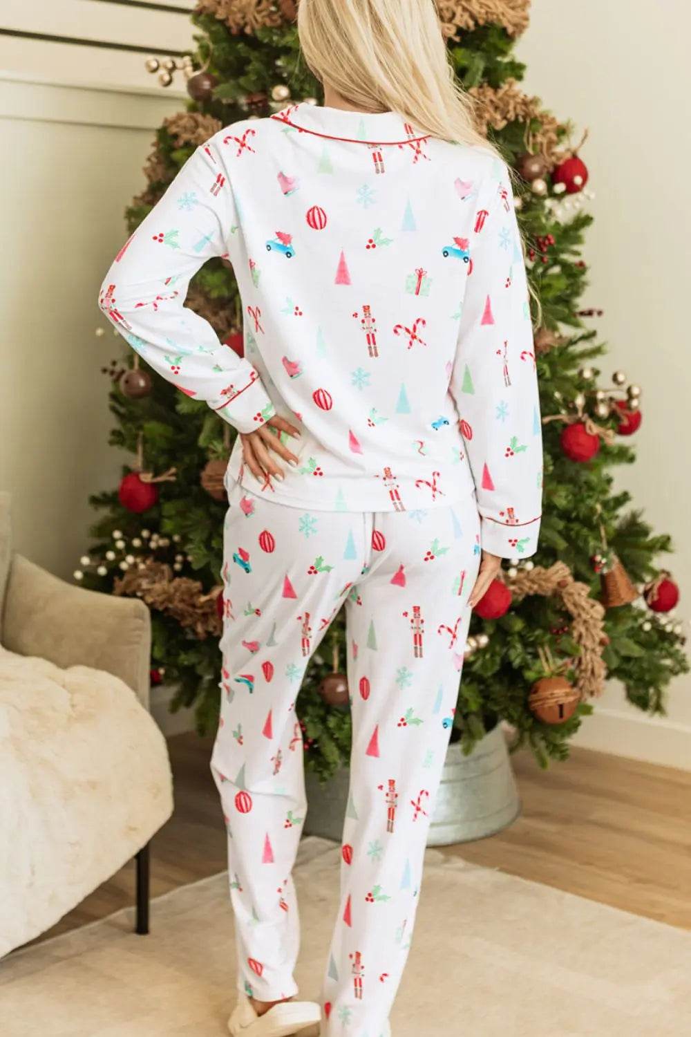Christmas Printed Collared Neck Top and Pants Lounge Set - Velveta Studio