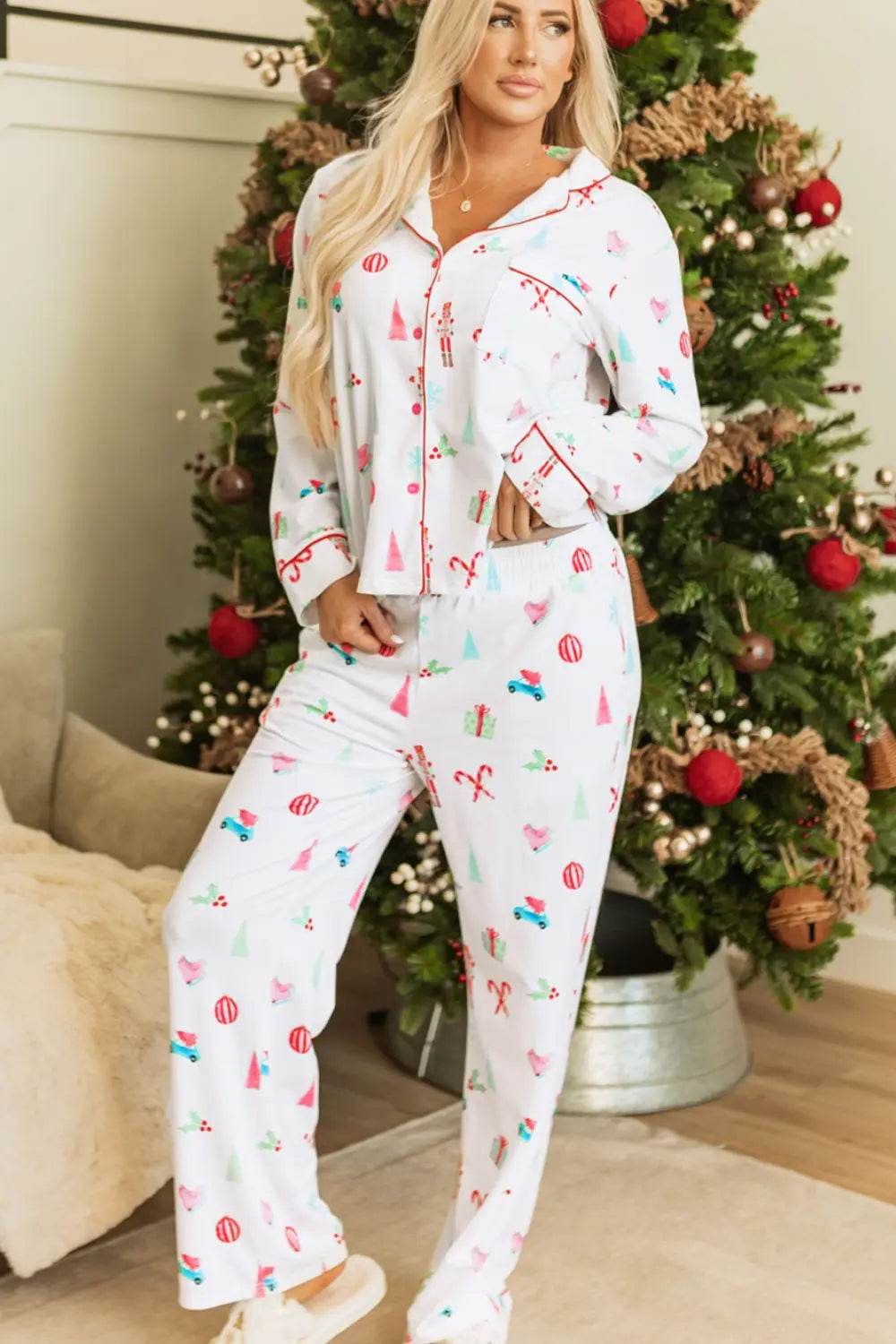 Christmas Printed Collared Neck Top and Pants Lounge Set - Velveta Studio