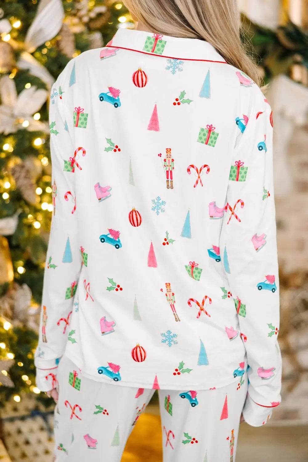 Christmas Printed Collared Neck Top and Pants Lounge Set - Velveta Studio