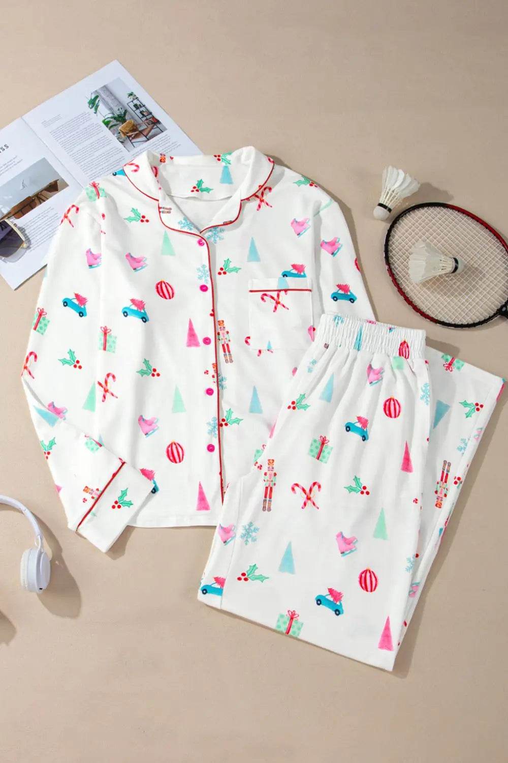 Christmas Printed Collared Neck Top and Pants Lounge Set - Velveta Studio