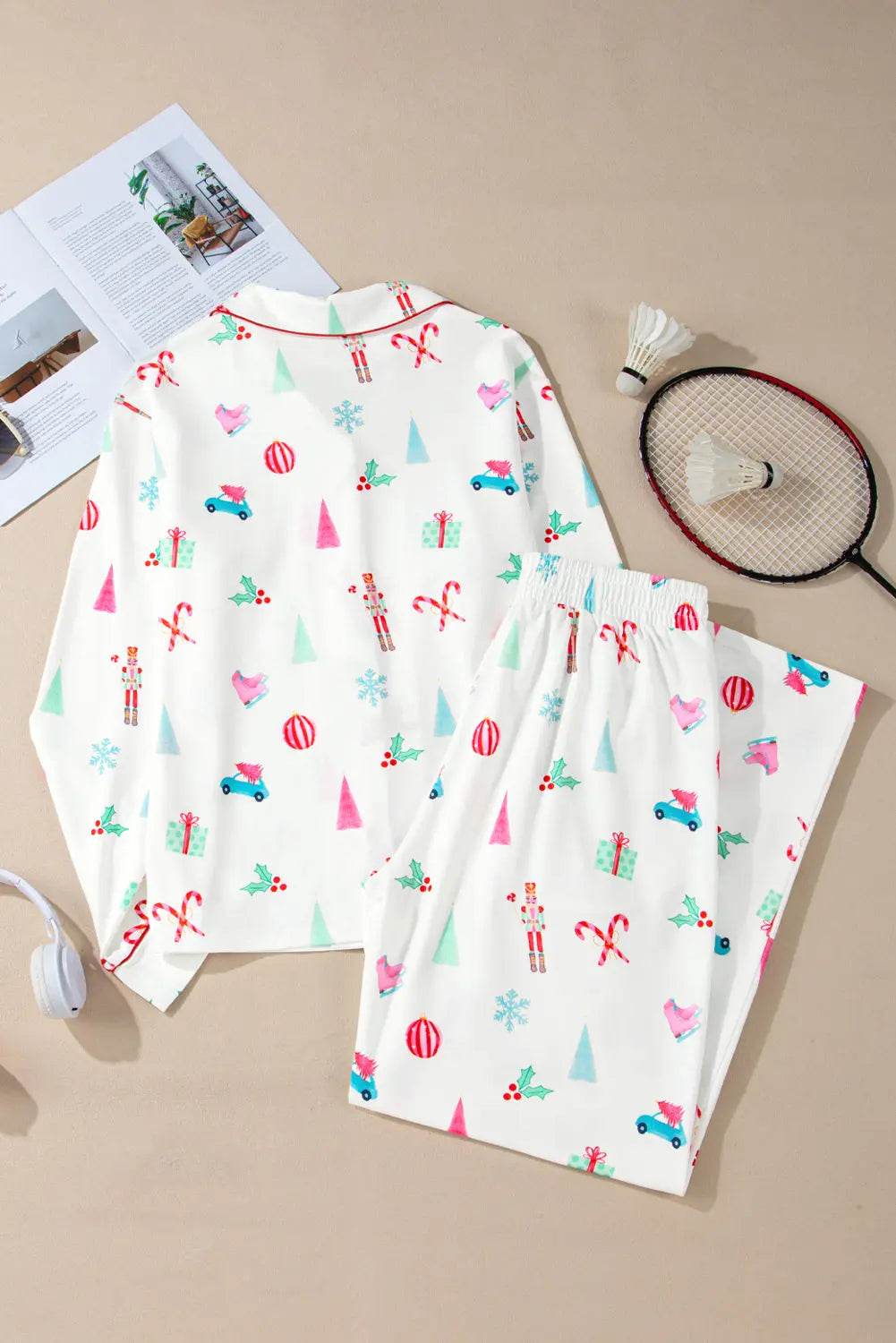 Christmas Printed Collared Neck Top and Pants Lounge Set - Velveta Studio