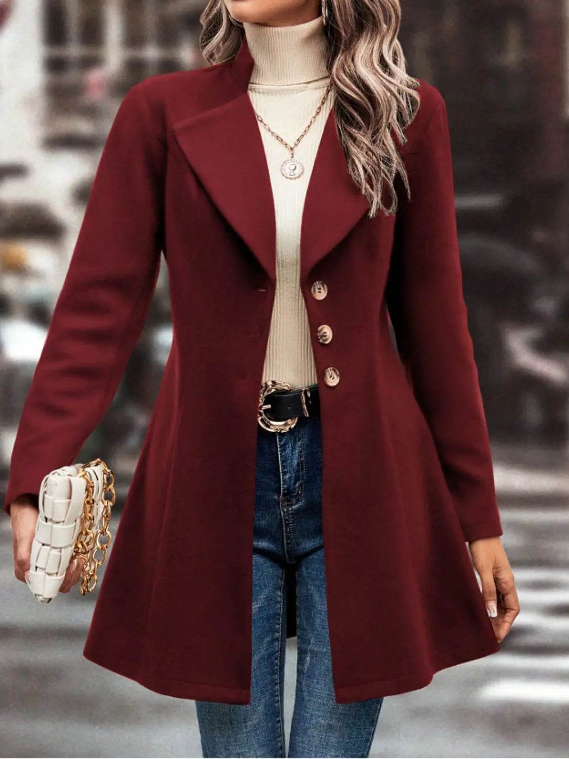 Collared Neck Button Up Long Sleeve Coat - Velveta Studio