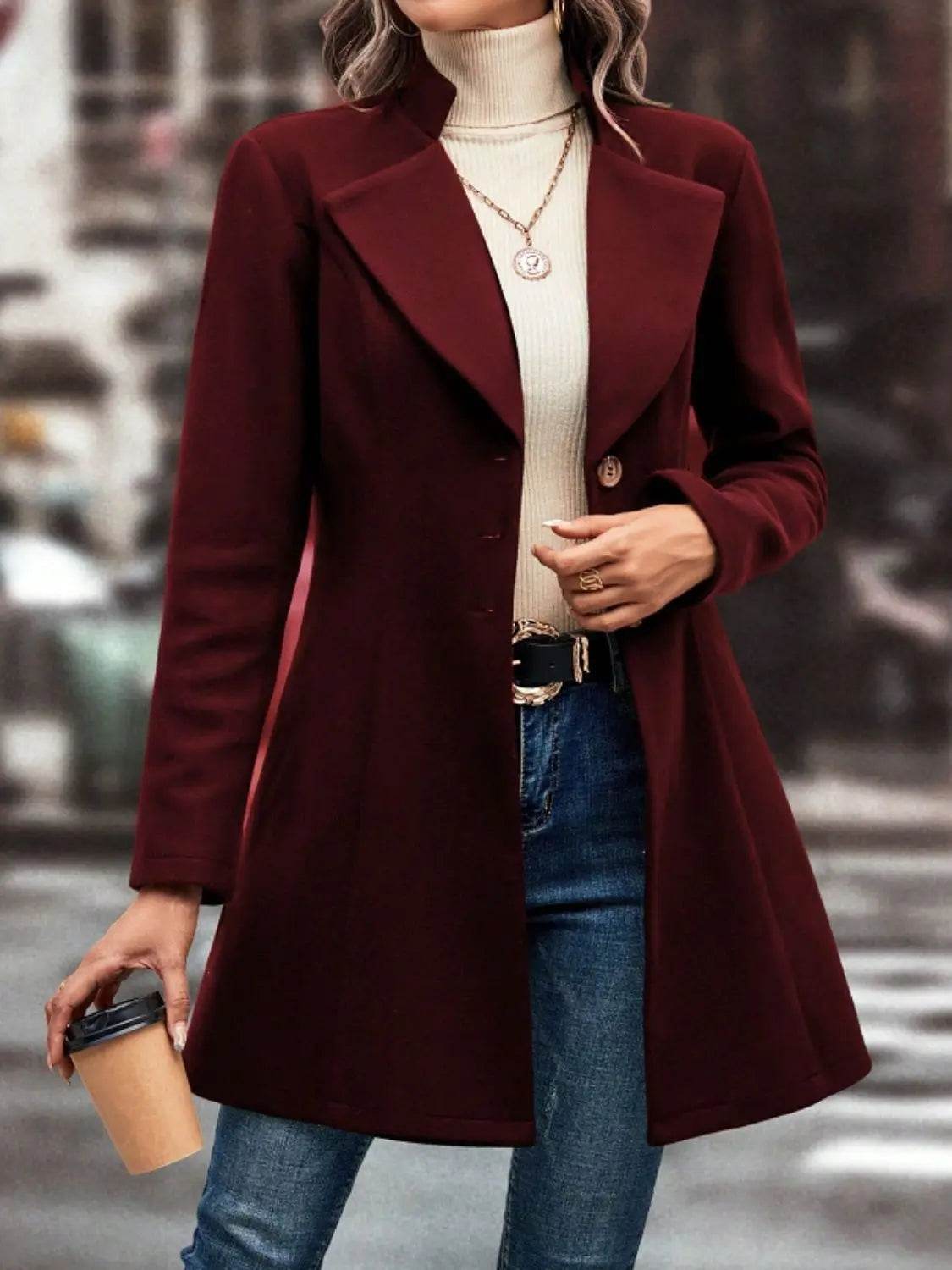 Collared Neck Button Up Long Sleeve Coat - Velveta Studio