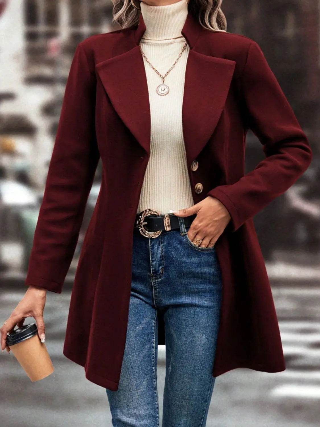 Collared Neck Button Up Long Sleeve Coat - Velveta Studio