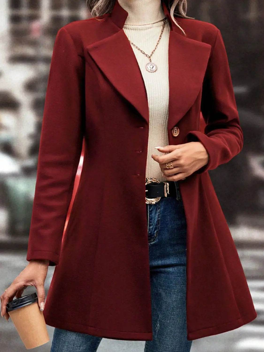 Collared Neck Button Up Long Sleeve Coat - Velveta Studio