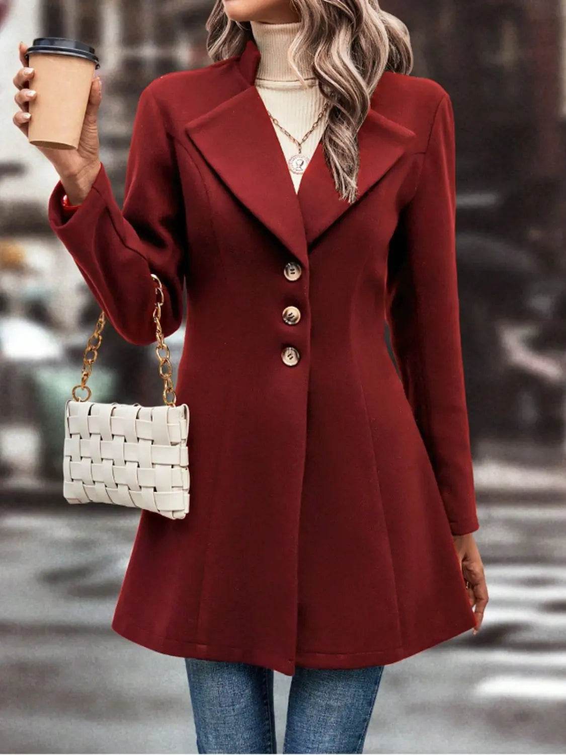 Collared Neck Button Up Long Sleeve Coat - Velveta Studio