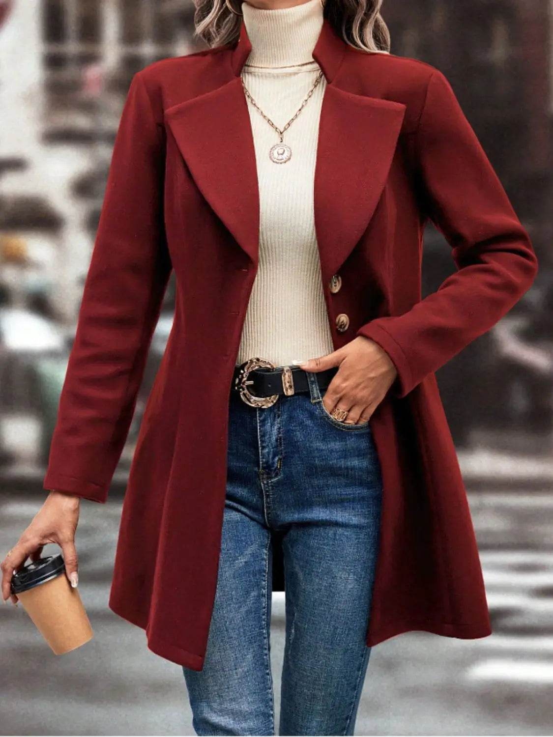 Collared Neck Button Up Long Sleeve Coat - Velveta Studio