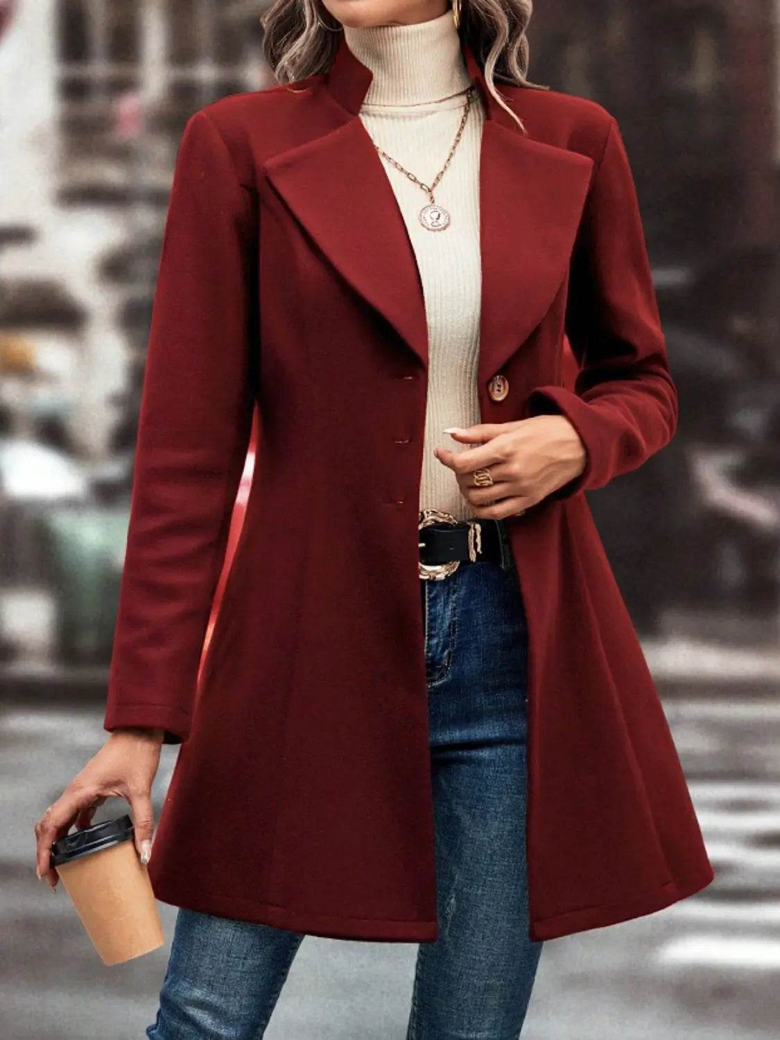 Collared Neck Button Up Long Sleeve Coat - Velveta Studio