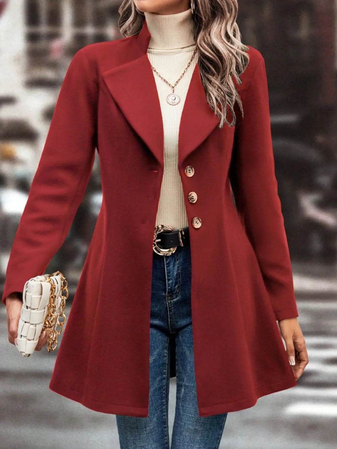 Collared Neck Button Up Long Sleeve Coat - Velveta Studio