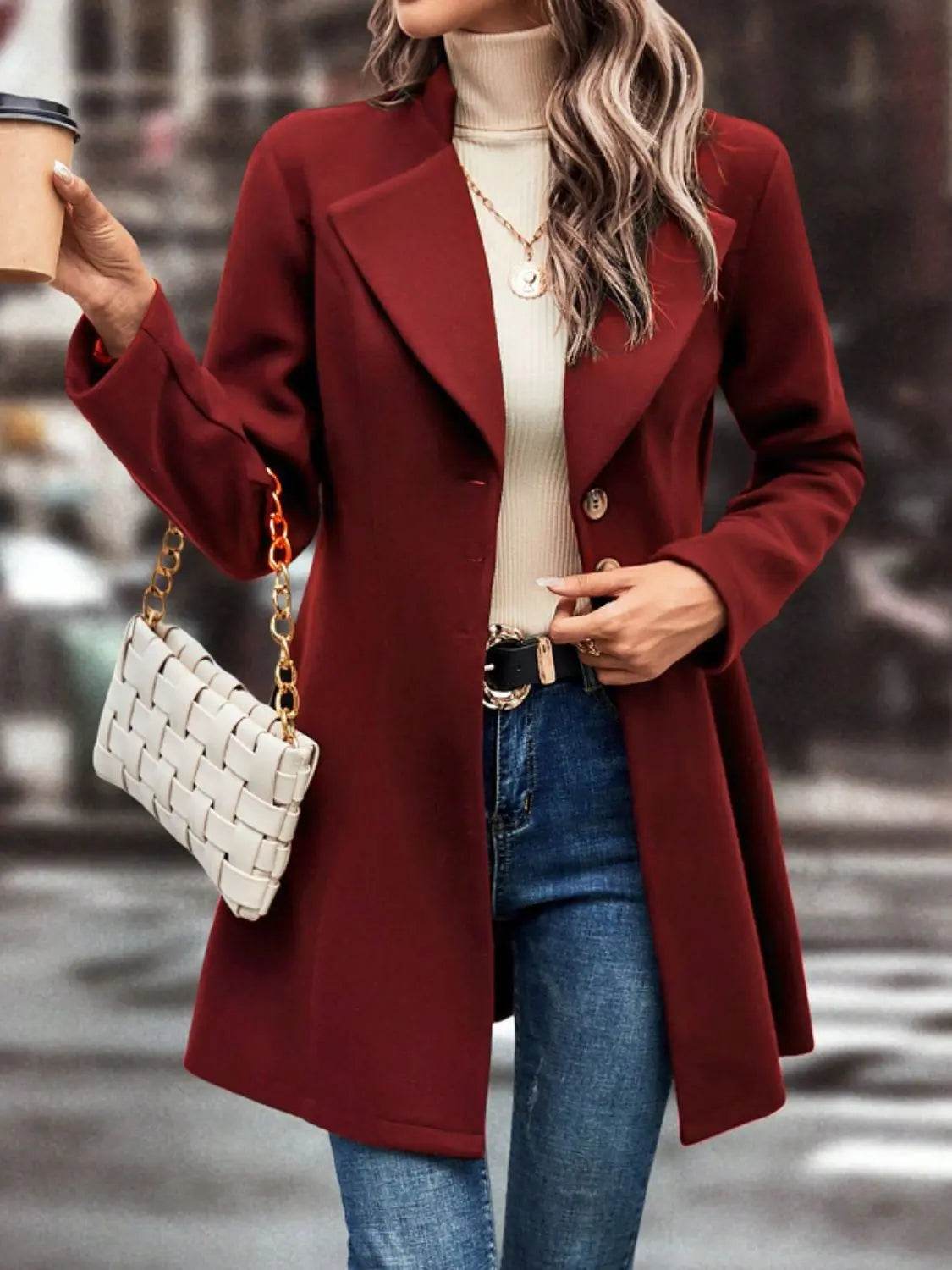 Collared Neck Button Up Long Sleeve Coat - Velveta Studio