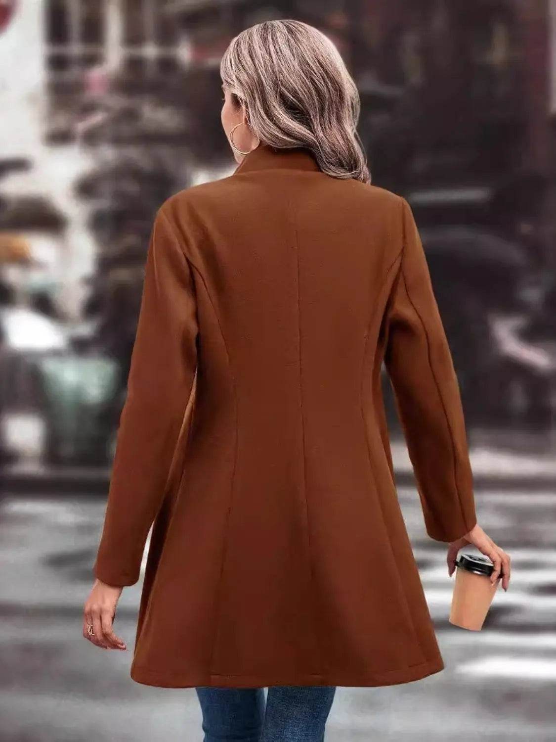 Collared Neck Long Sleeve Longline Coat - Velveta Studio