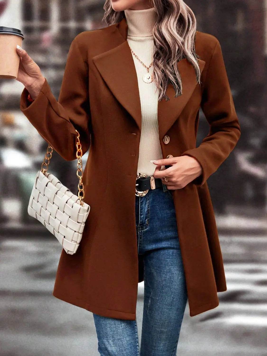 Collared Neck Long Sleeve Longline Coat - Velveta Studio