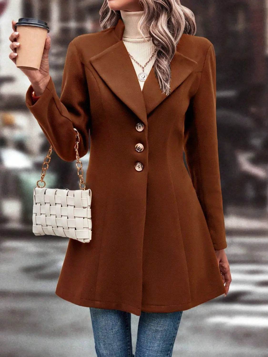 Collared Neck Long Sleeve Longline Coat - Velveta Studio