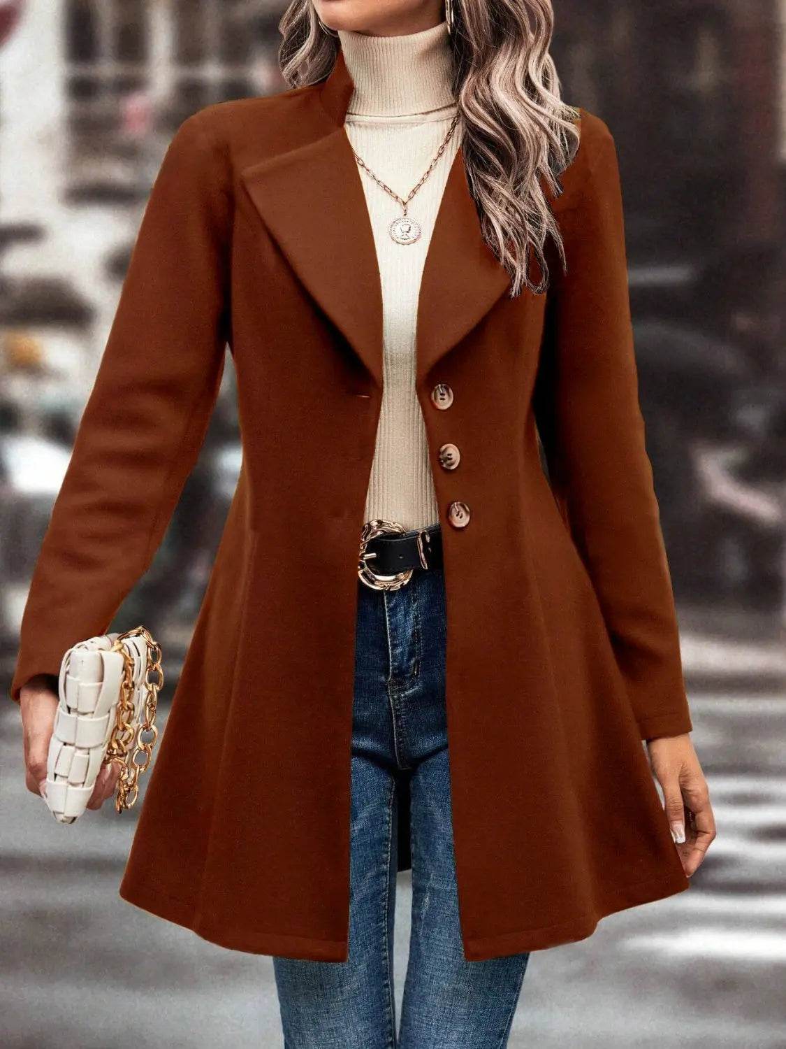Collared Neck Long Sleeve Longline Coat - Velveta Studio