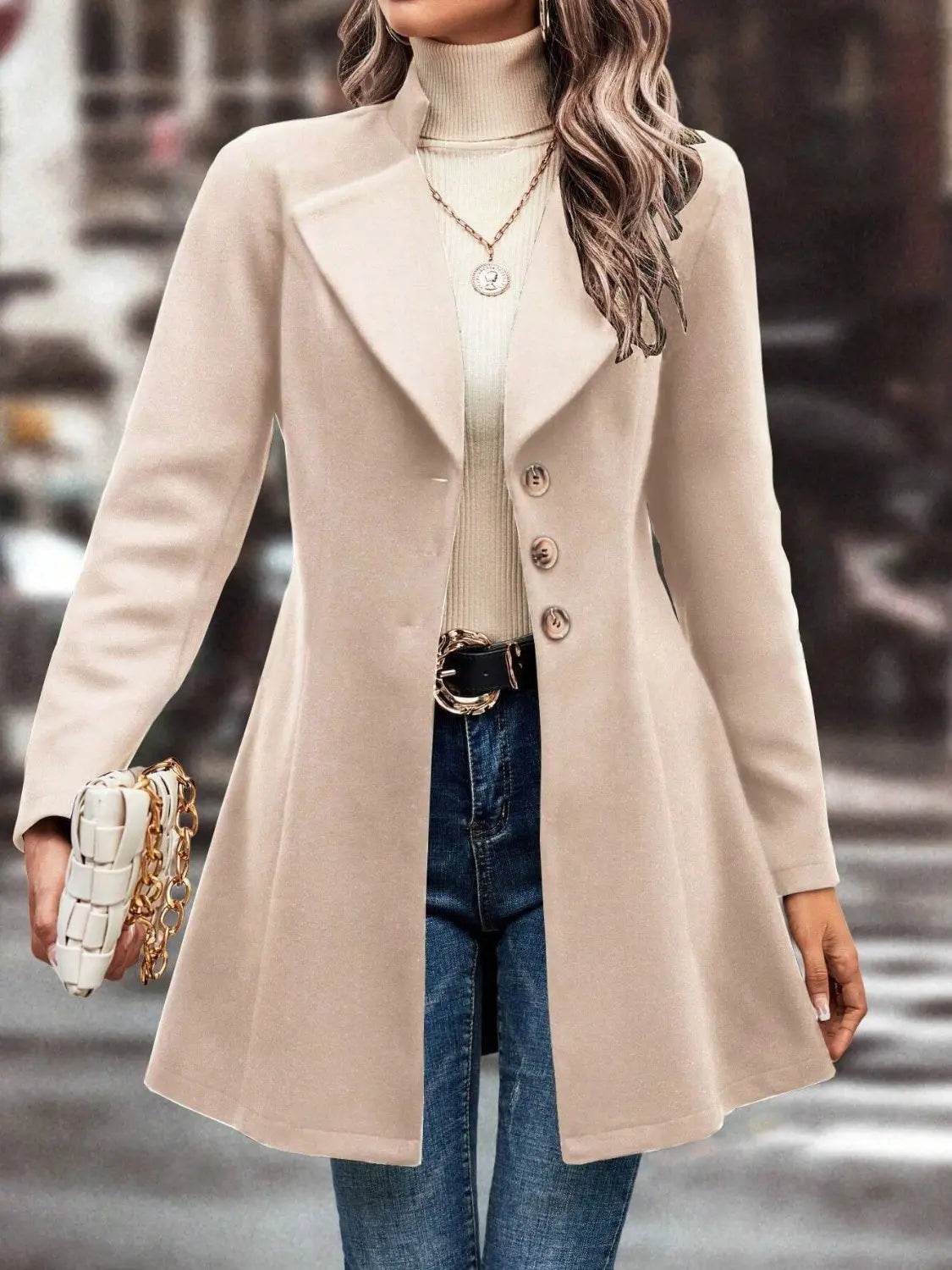 Collared Neck Long Sleeve Longline Coat - Velveta Studio