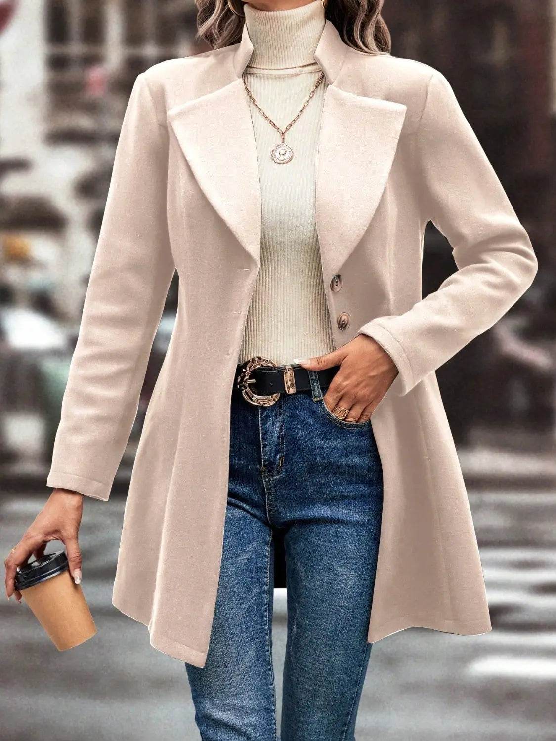 Collared Neck Long Sleeve Longline Coat - Velveta Studio