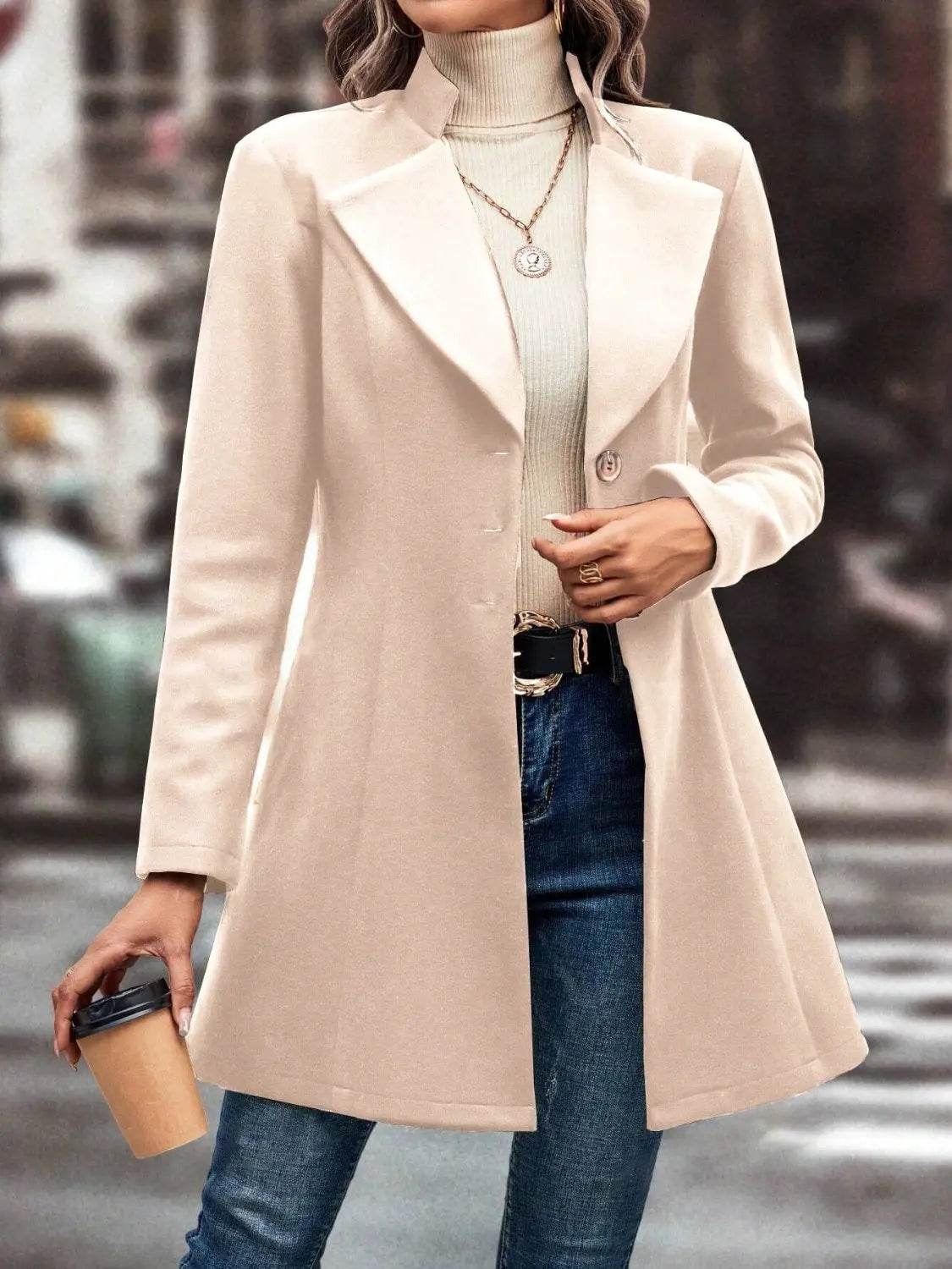 Collared Neck Long Sleeve Longline Coat - Velveta Studio
