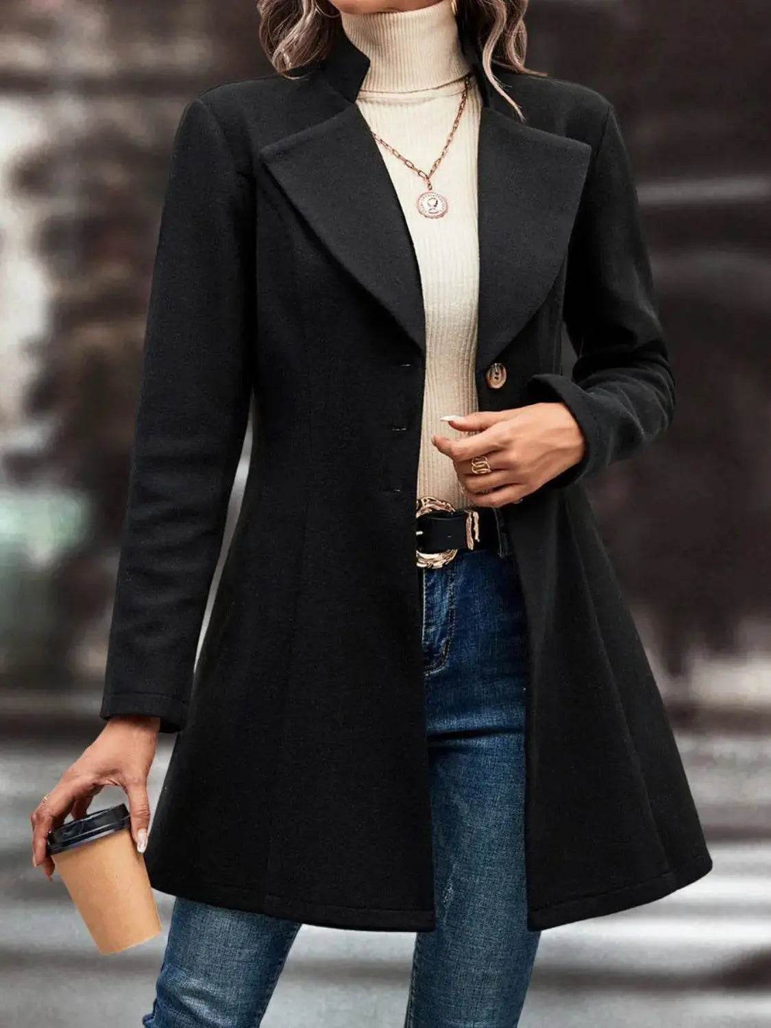 Collared Neck Long Sleeve Longline Coat - Velveta Studio