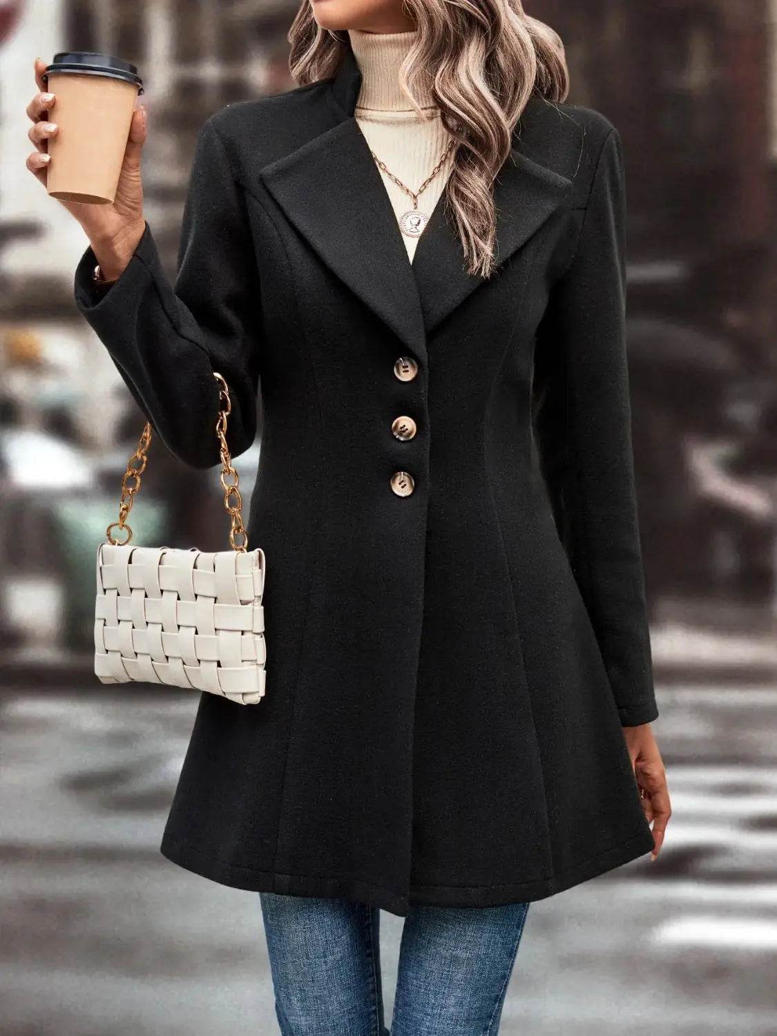 Collared Neck Long Sleeve Longline Coat - Velveta Studio