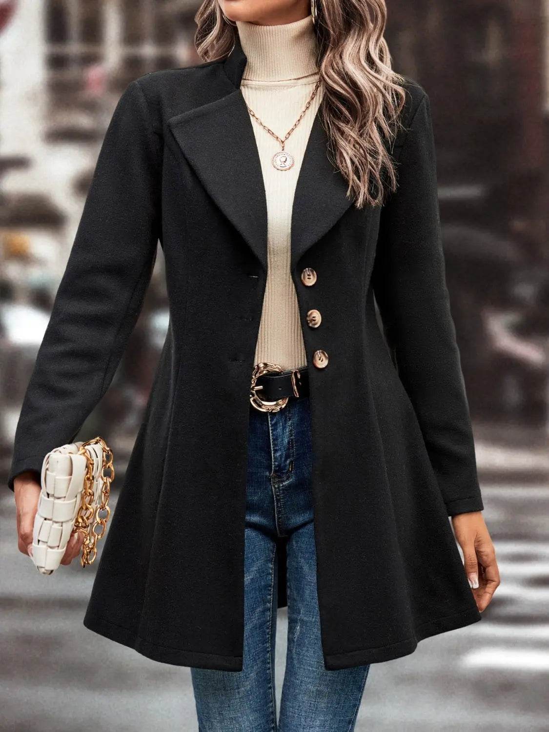 Collared Neck Long Sleeve Longline Coat - Velveta Studio