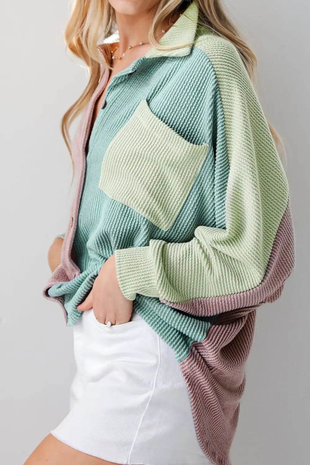 Color Block Corded Button Up Shacket - Velveta Studio