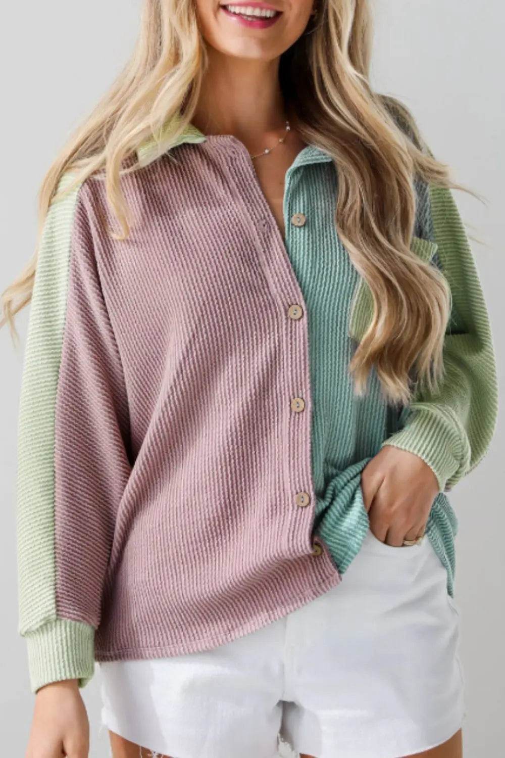 Color Block Corded Button Up Shacket - Velveta Studio