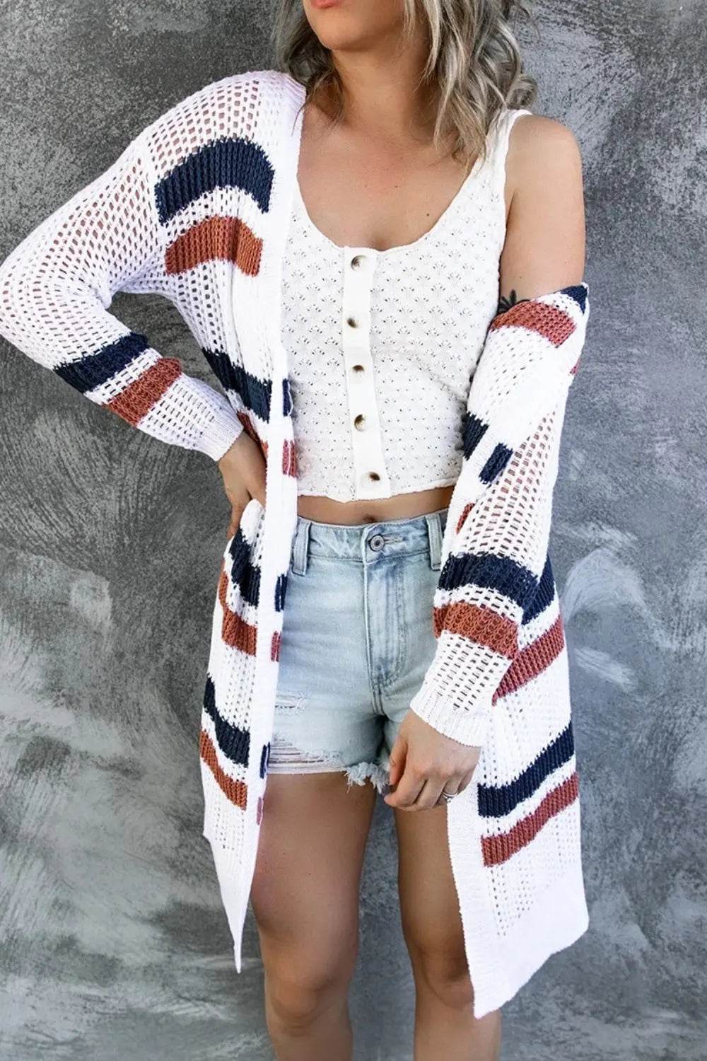 Contrast Openwork Open Front Long Sleeve Cardigan - Velveta Studio