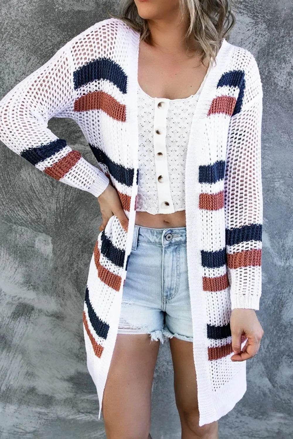 Contrast Openwork Open Front Long Sleeve Cardigan - Velveta Studio