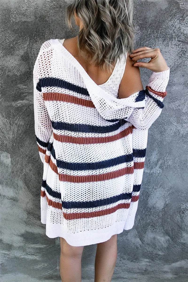 Contrast Openwork Open Front Long Sleeve Cardigan - Velveta Studio