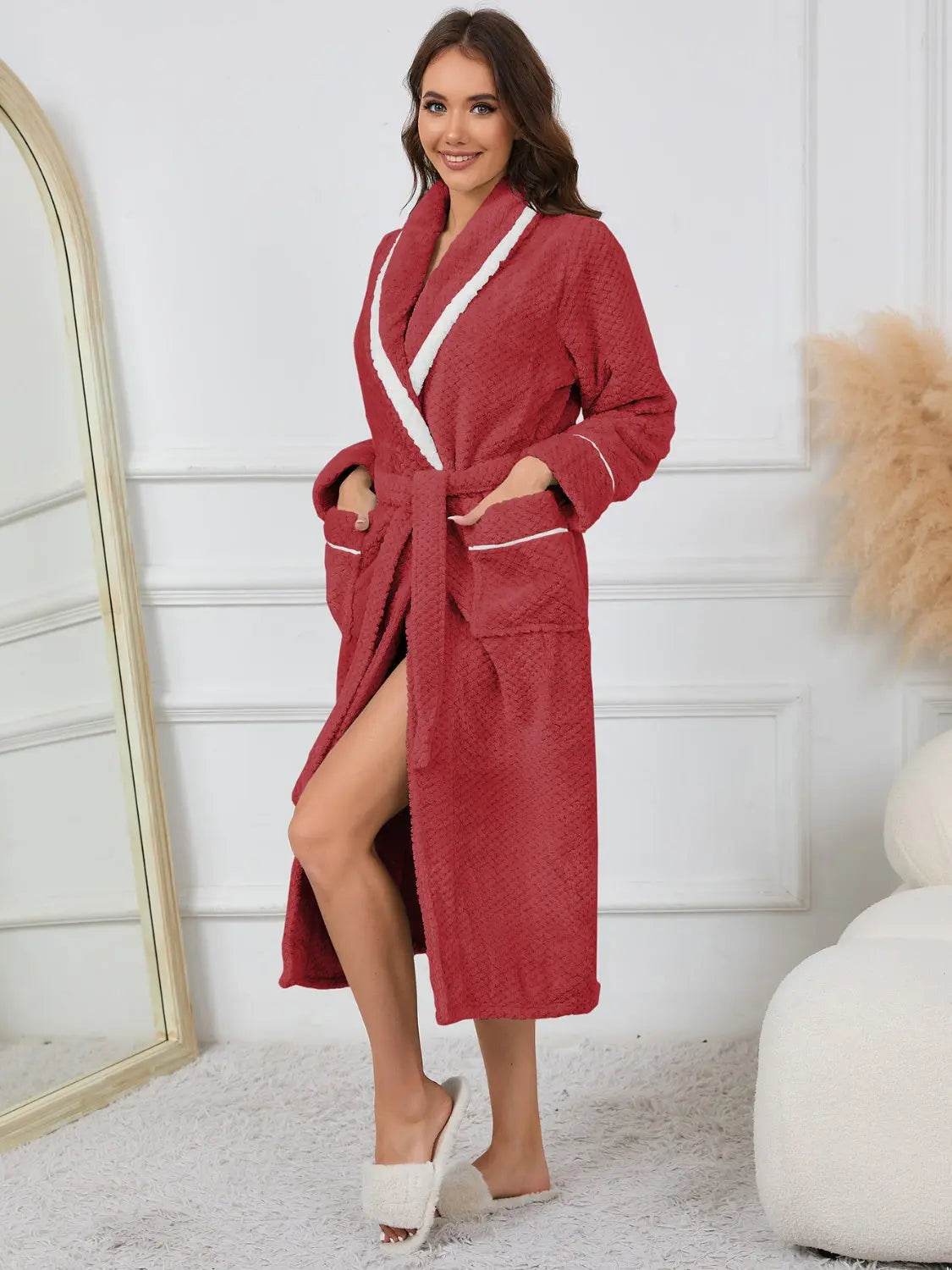 Contrast Trim Tie Waist Lounge Nightgown with Pockets - Velveta Studio