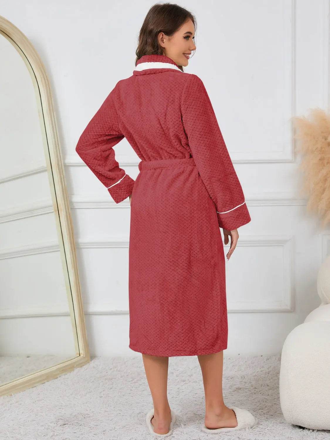 Contrast Trim Tie Waist Lounge Nightgown with Pockets - Velveta Studio