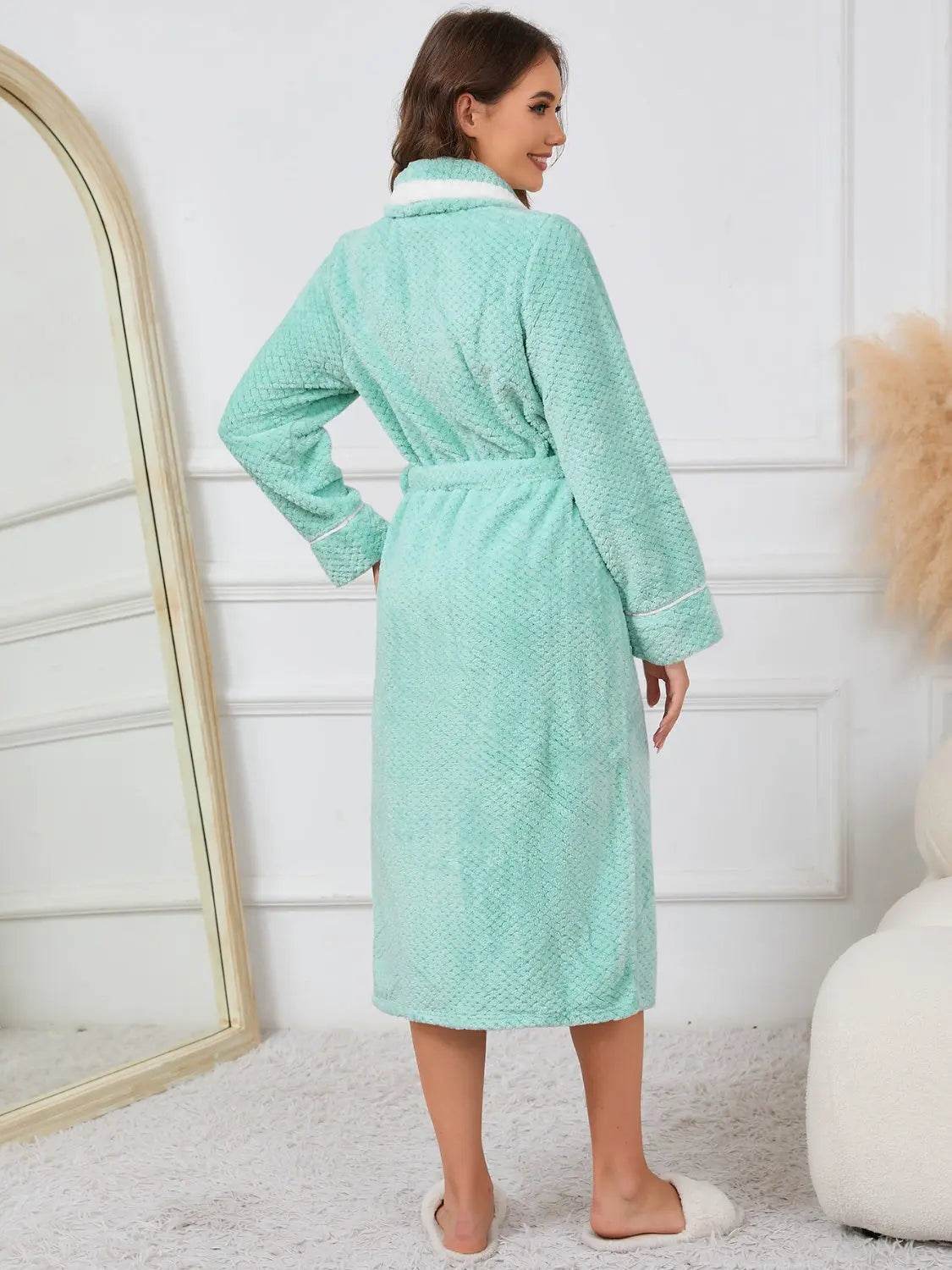 Contrast Trim Tie Waist Lounge Nightgown with Pockets - Velveta Studio
