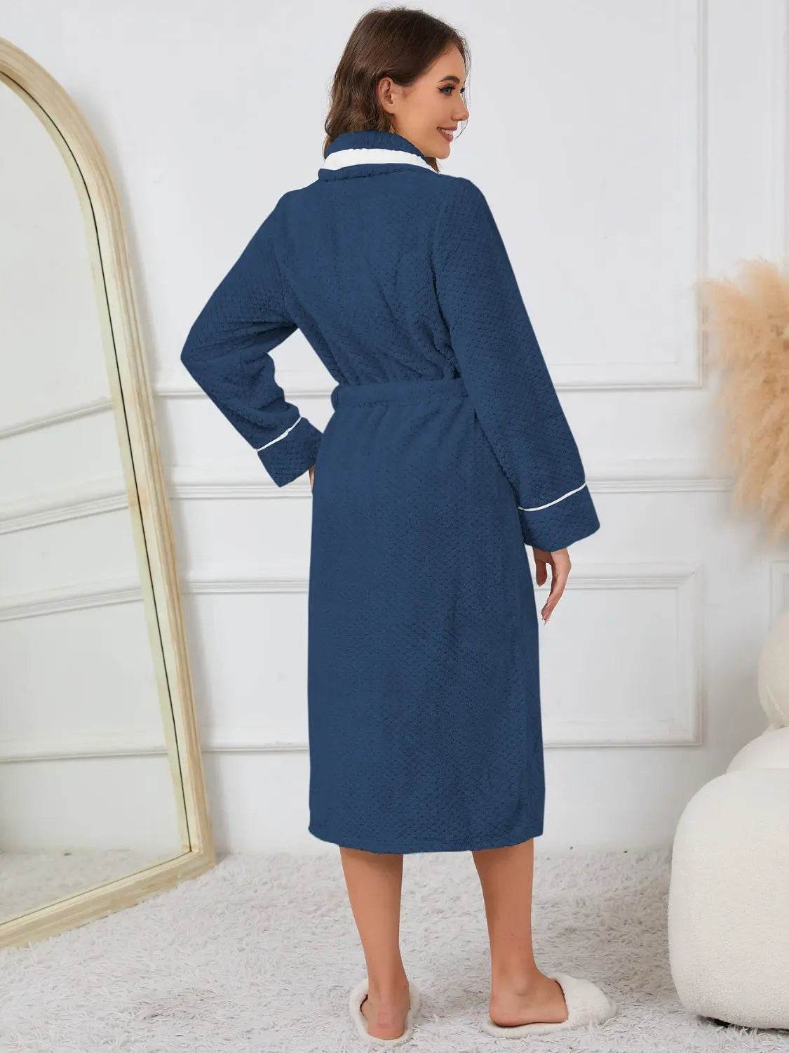 Contrast Trim Tie Waist Lounge Nightgown with Pockets - Velveta Studio