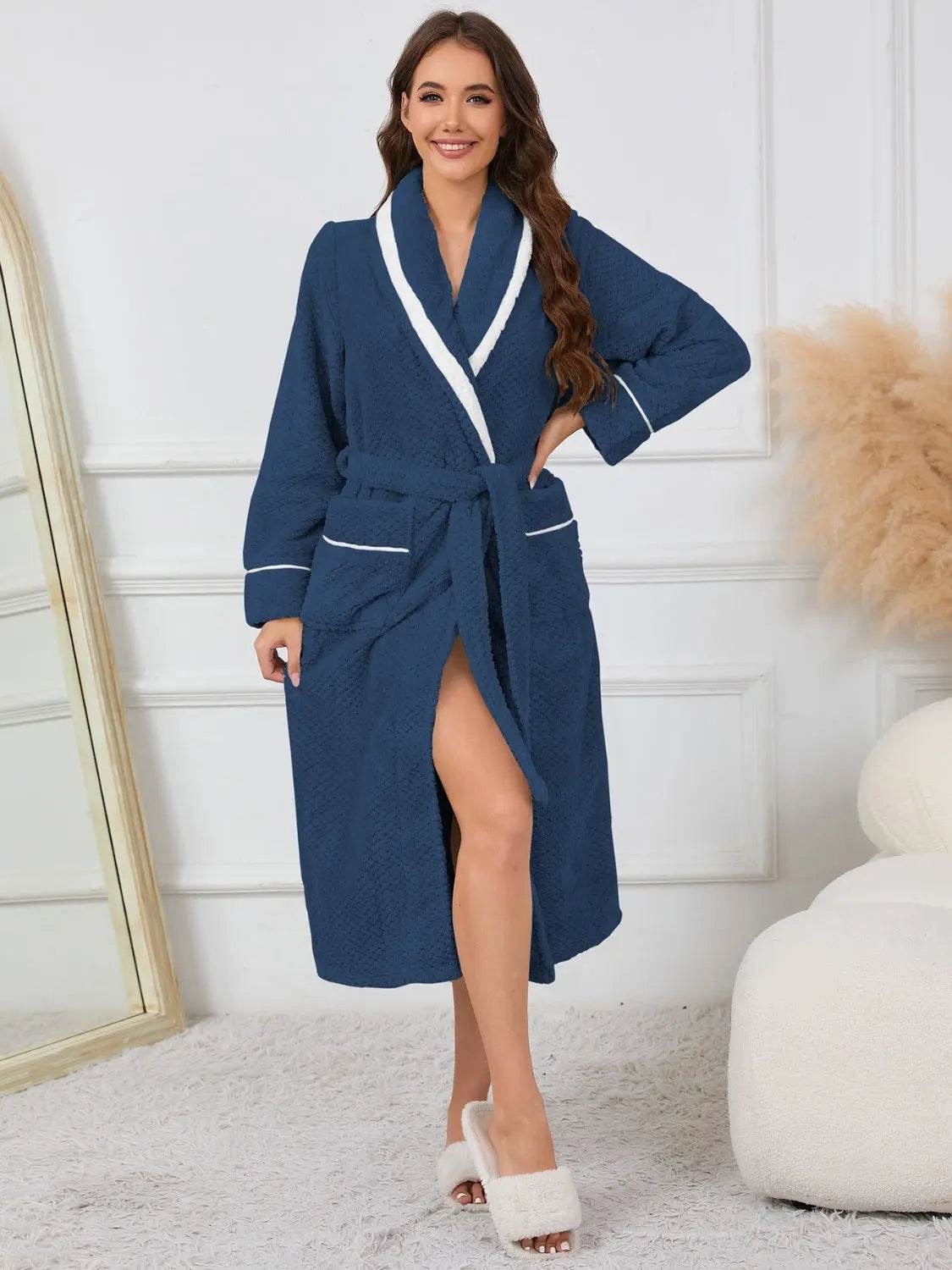 Contrast Trim Tie Waist Lounge Nightgown with Pockets - Velveta Studio