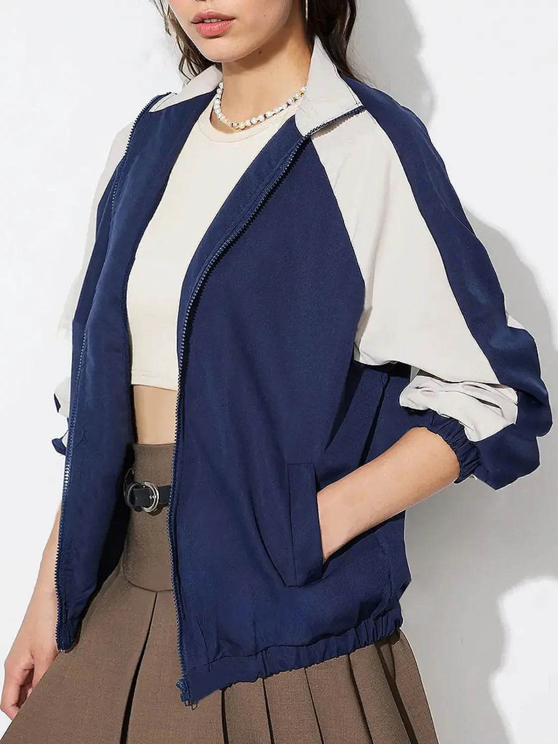 Contrast Zip Up Collared Neck Long Sleeve Jacket - Velveta Studio