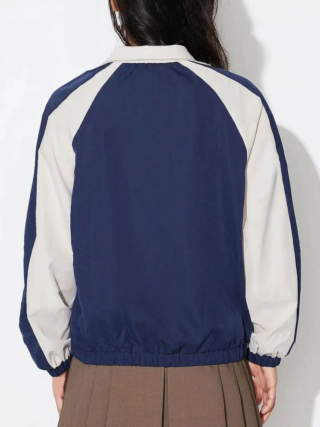 Contrast Zip Up Collared Neck Long Sleeve Jacket - Velveta Studio