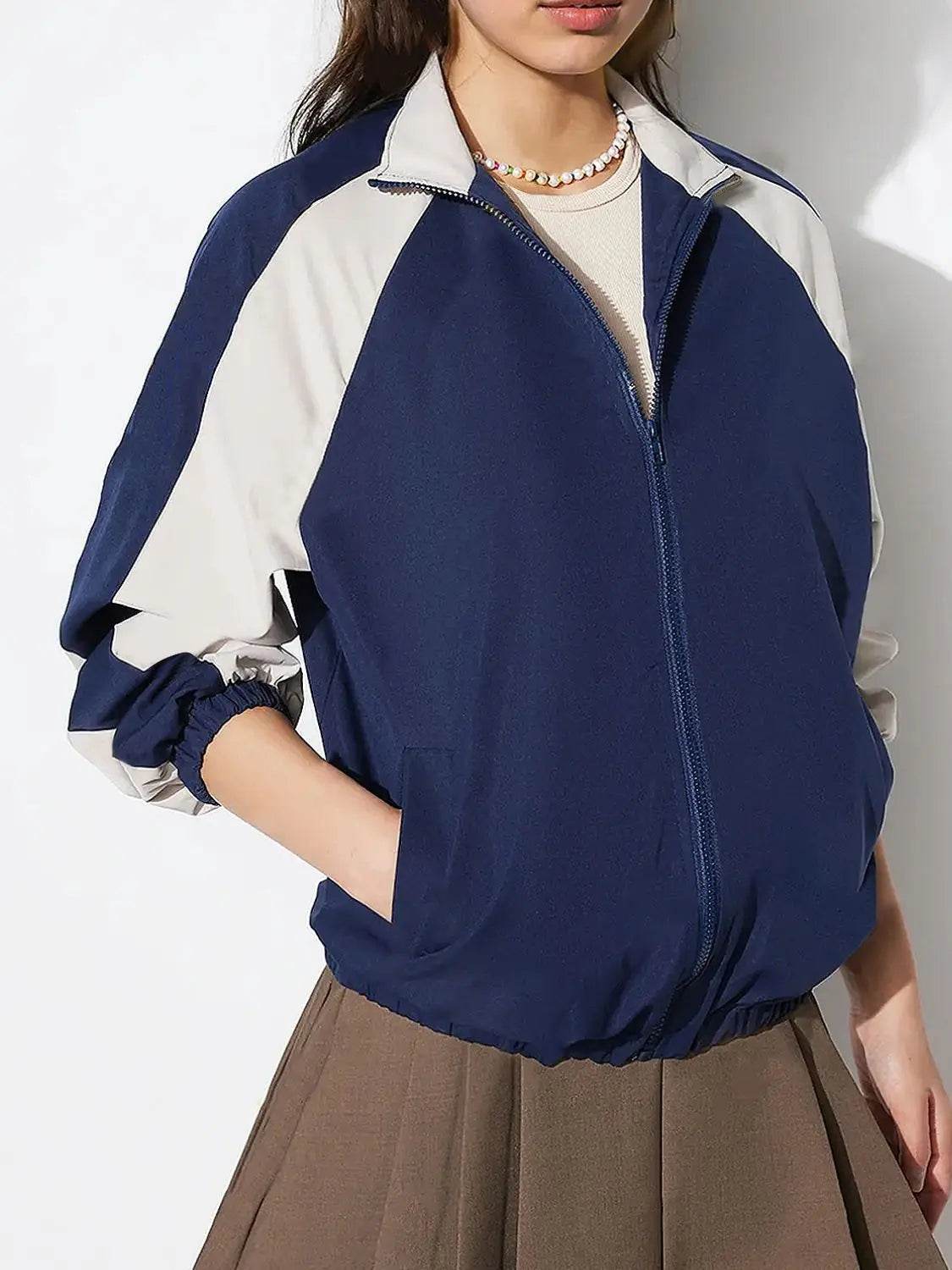 Contrast Zip Up Collared Neck Long Sleeve Jacket - Velveta Studio
