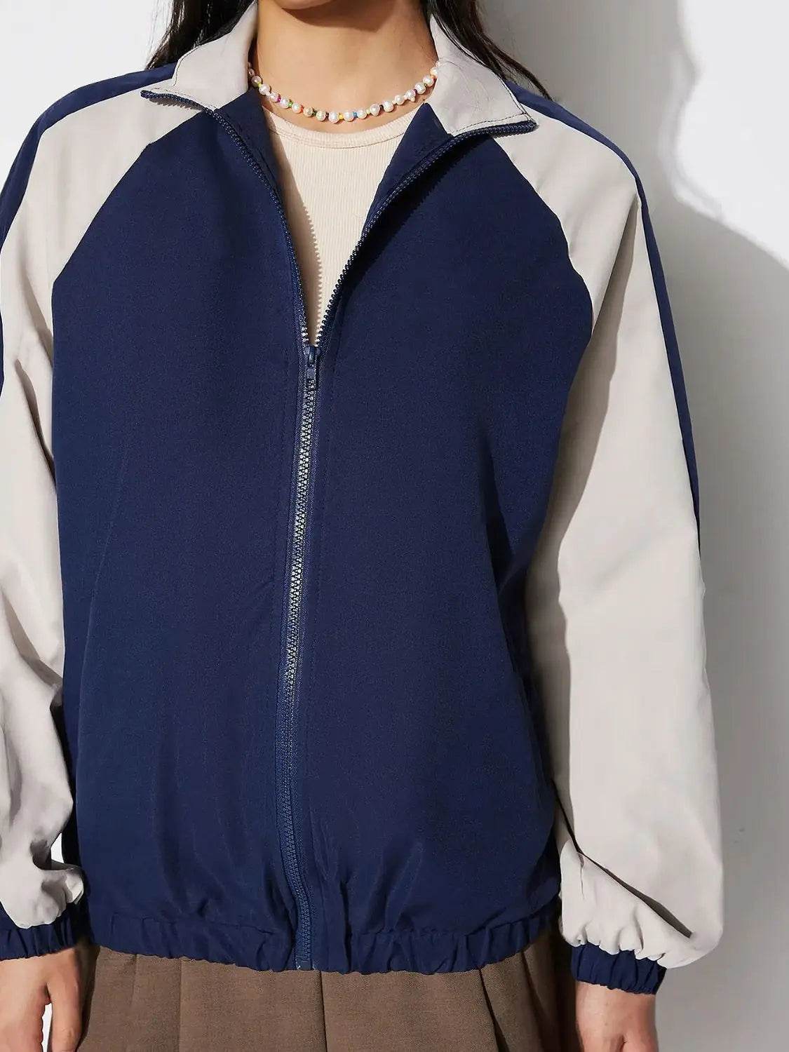 Contrast Zip Up Collared Neck Long Sleeve Jacket - Velveta Studio