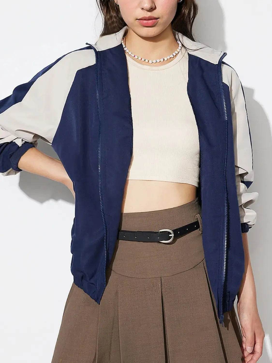 Contrast Zip Up Collared Neck Long Sleeve Jacket - Velveta Studio