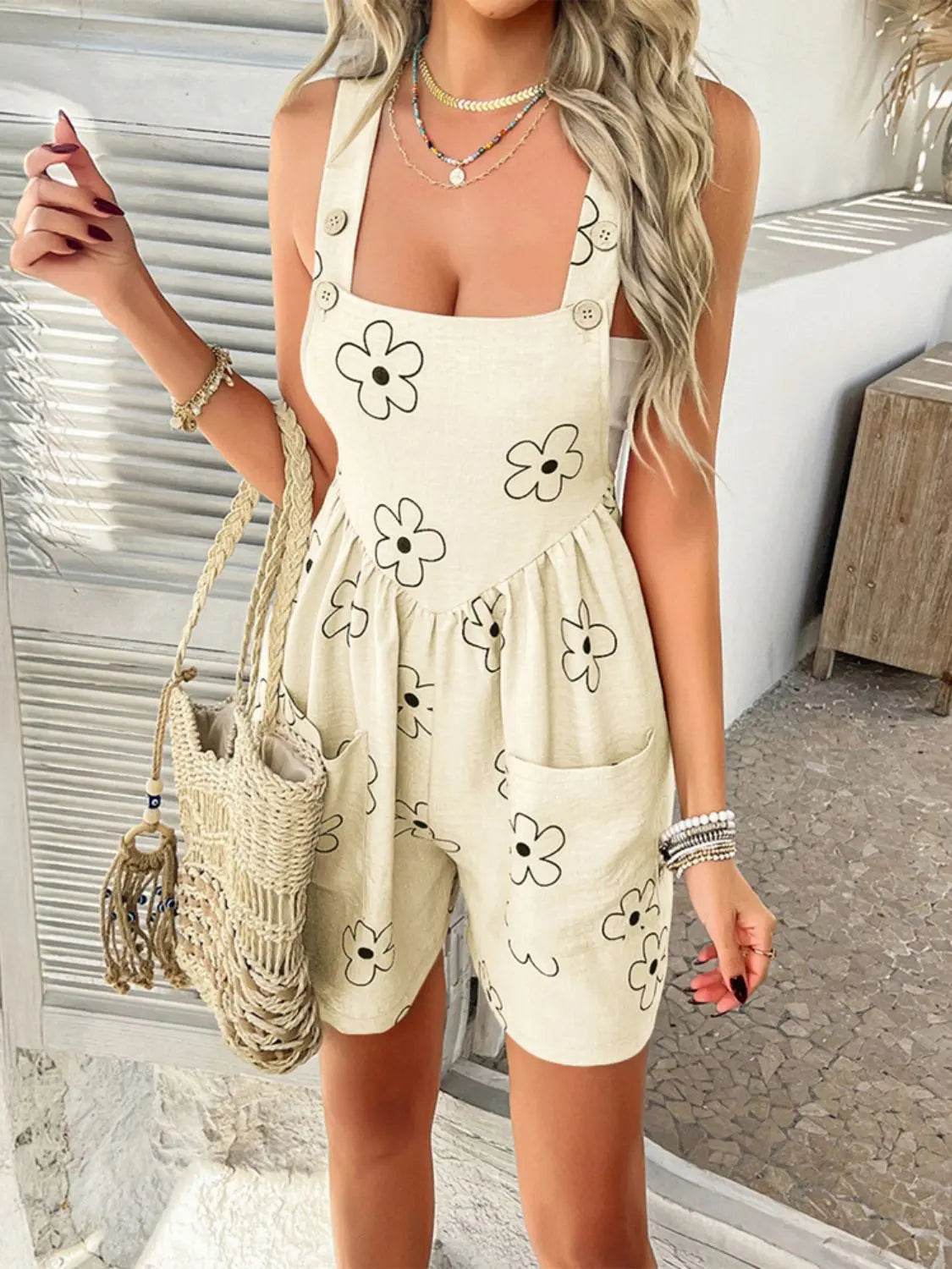 Devine Flower Wide Strap Overalls with Pockets - Velveta Studio