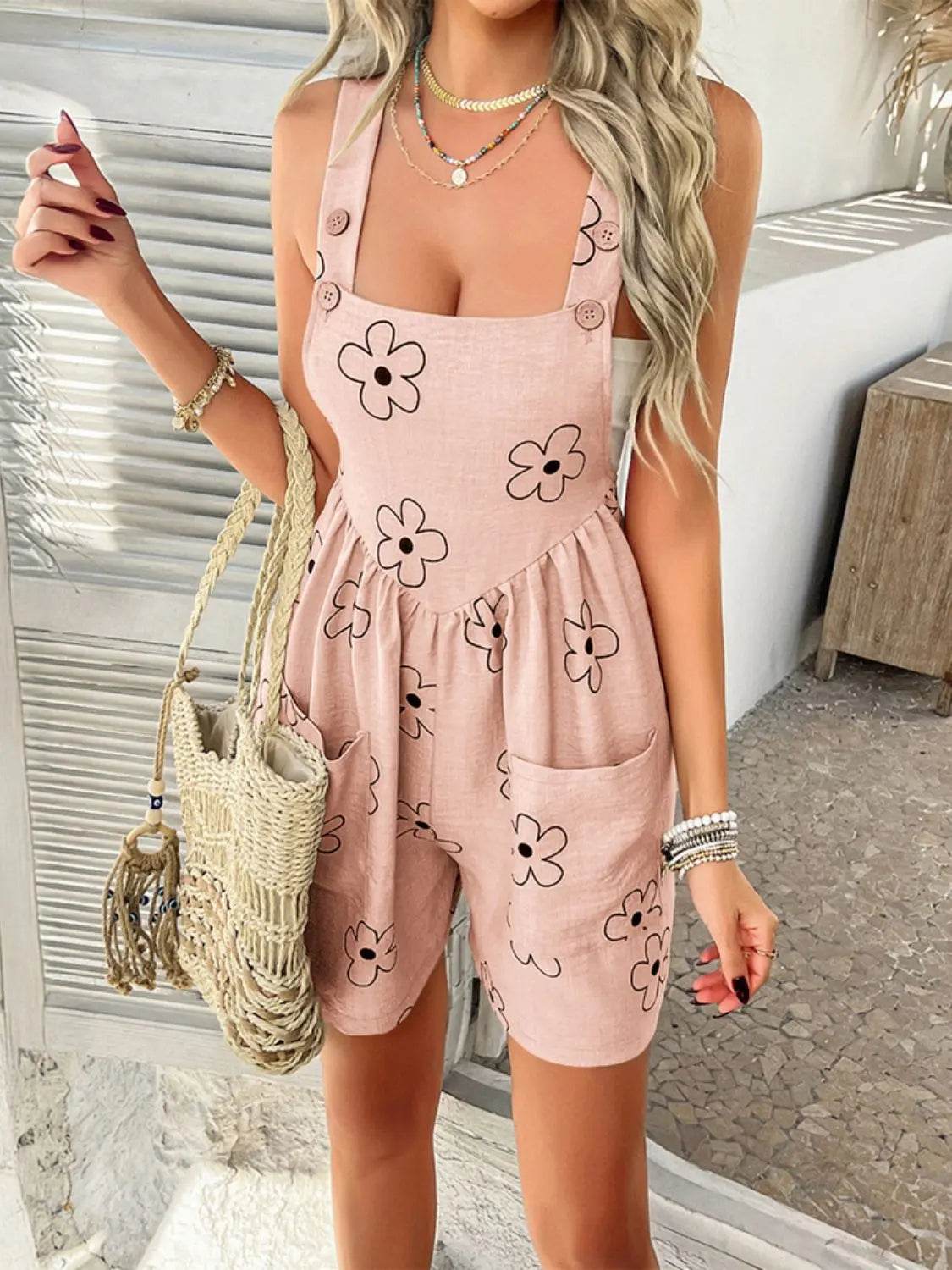 Devine Flower Wide Strap Overalls with Pockets - Velveta Studio