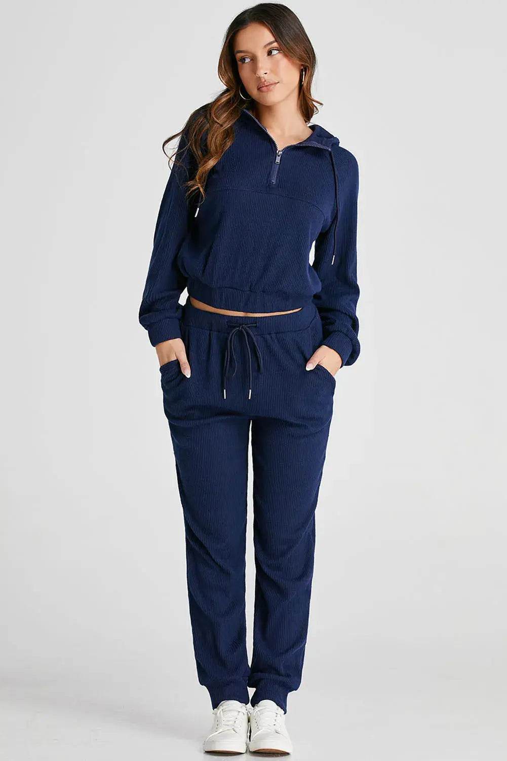 Drawstring Half Zip Hoodie and Joggers Active Set - Velveta Studio