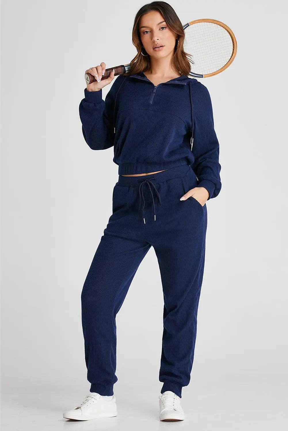 Drawstring Half Zip Hoodie and Joggers Active Set - Velveta Studio