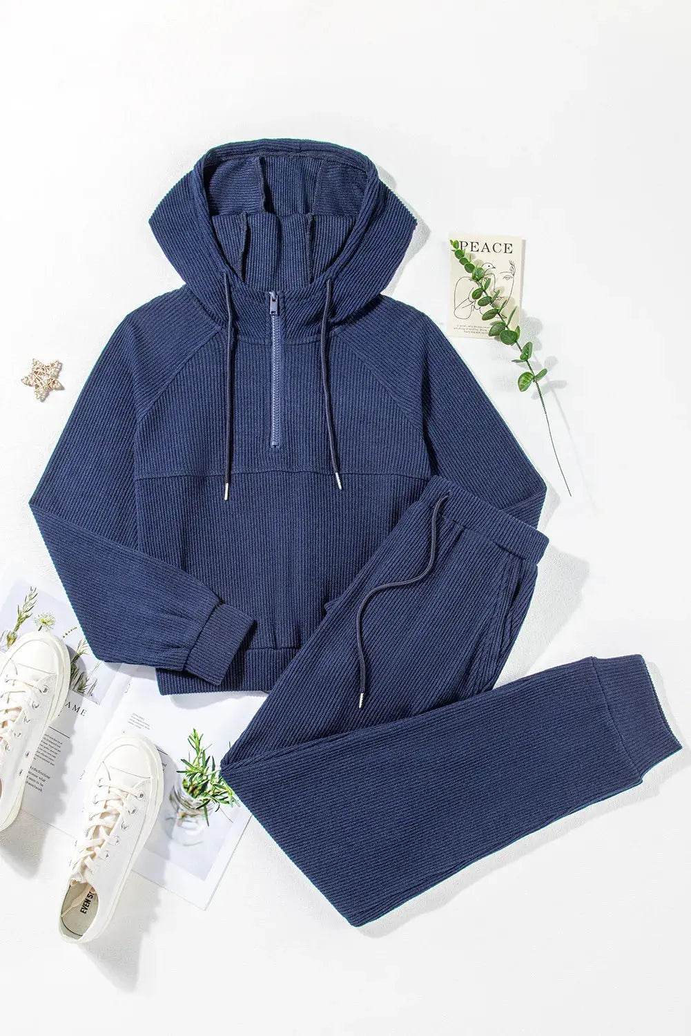Drawstring Half Zip Hoodie and Joggers Active Set - Velveta Studio