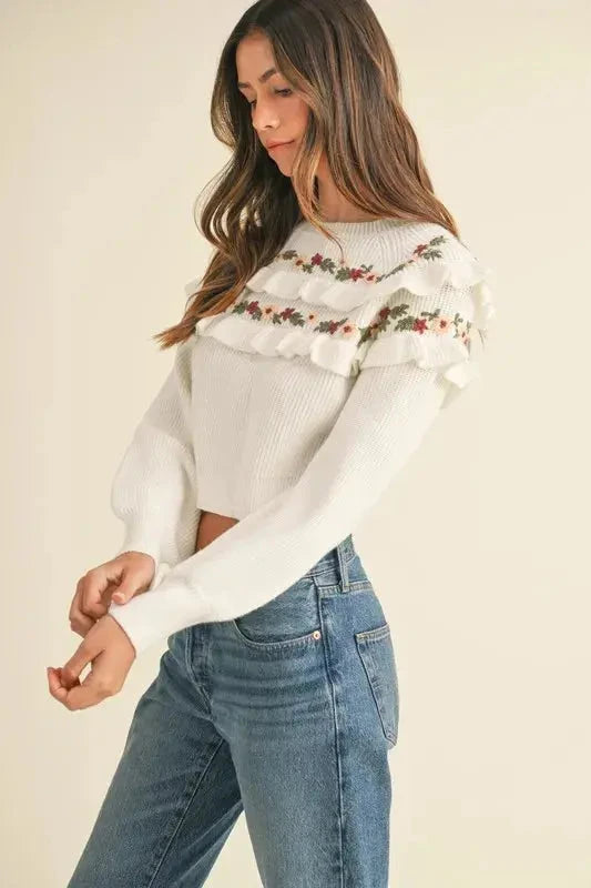Floral Embroidered Ruffle Detail Sweater