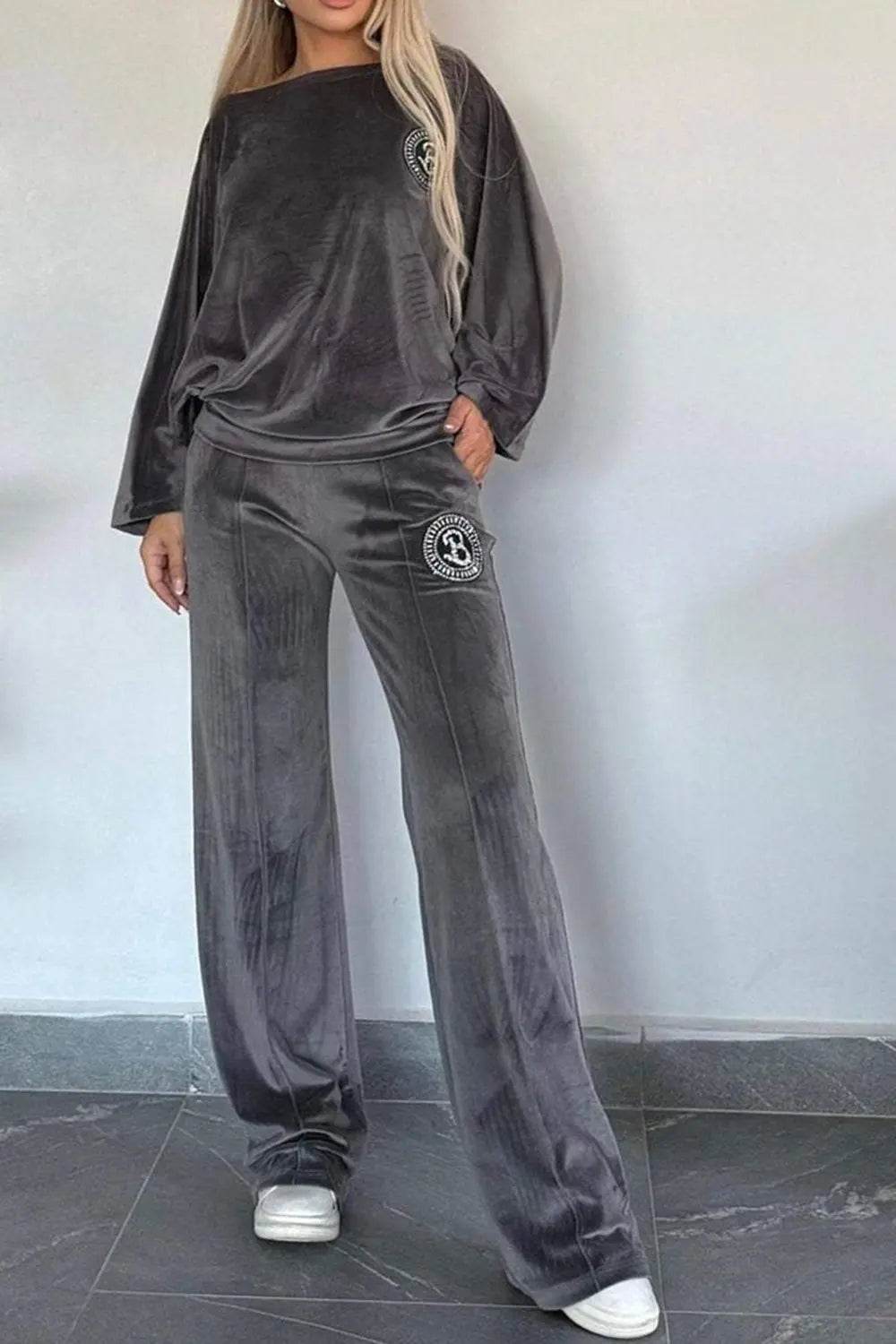 Full Size Boat Neck Long Sleeve Top and Pants Set - Velveta Studio