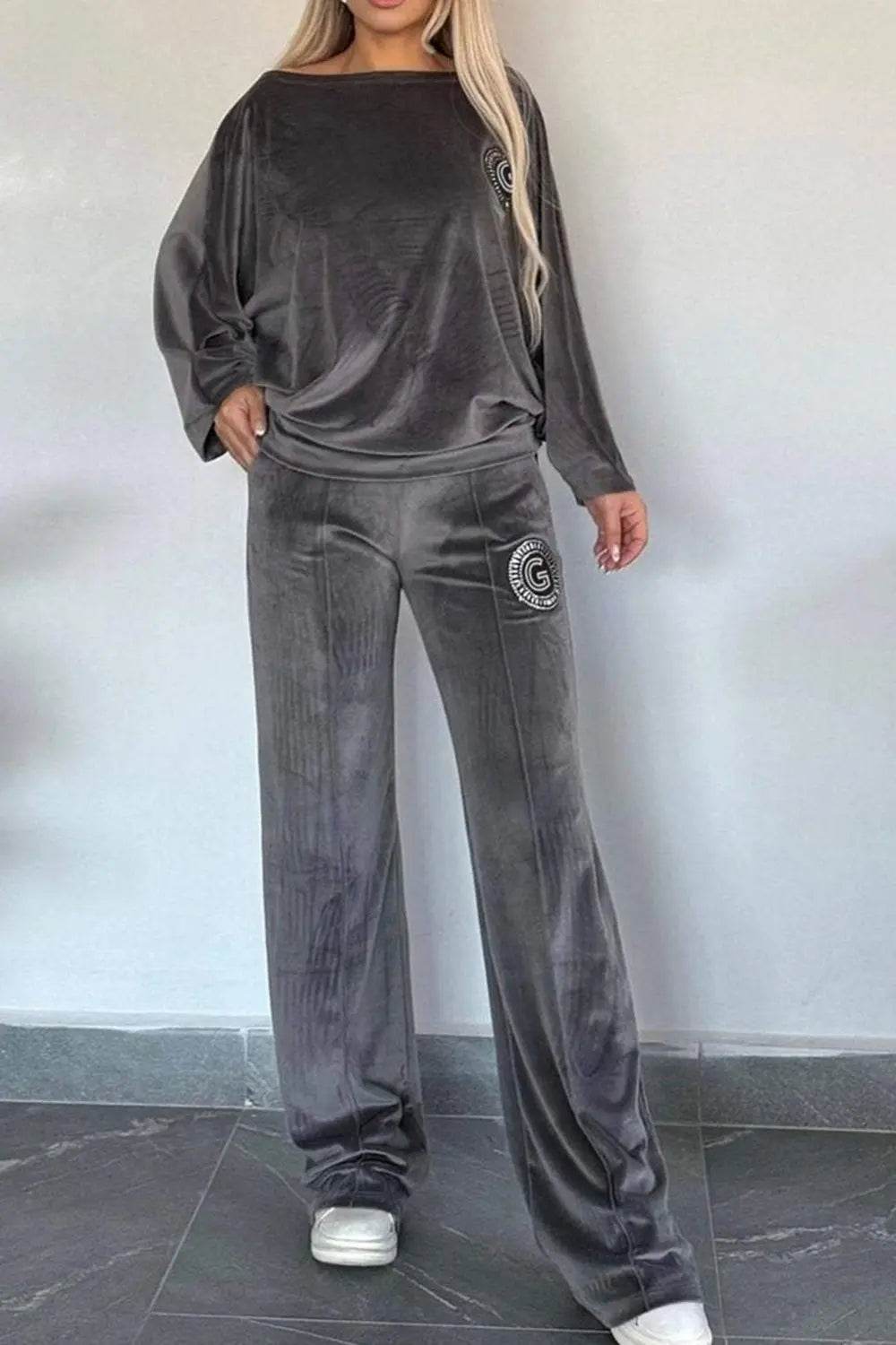 Full Size Boat Neck Long Sleeve Top and Pants Set - Velveta Studio