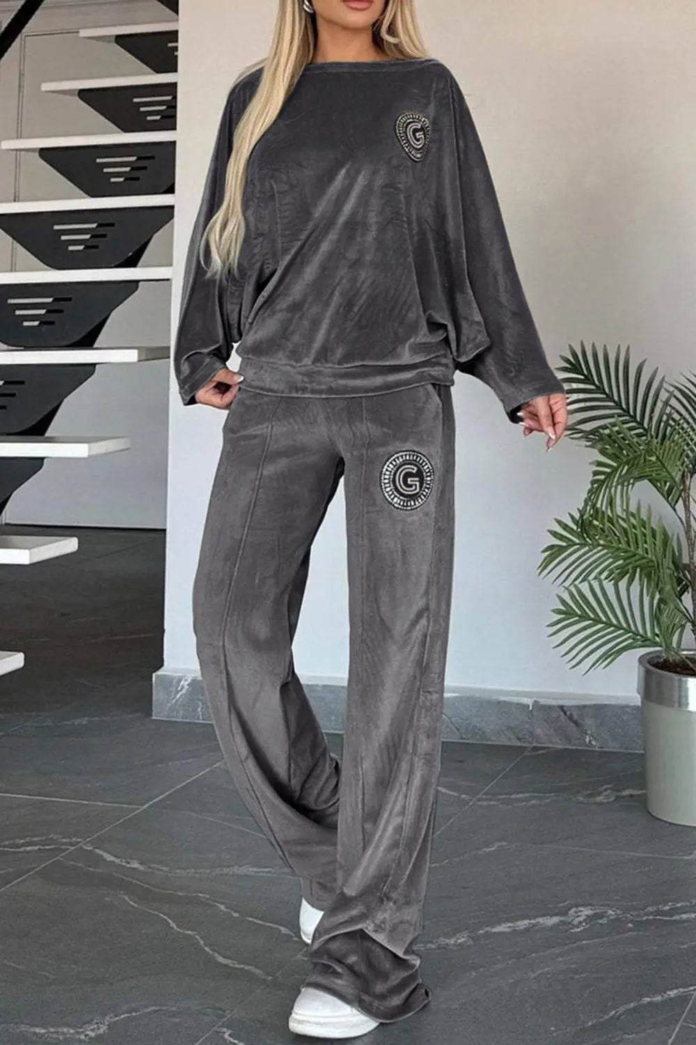 Full Size Boat Neck Long Sleeve Top and Pants Set - Velveta Studio